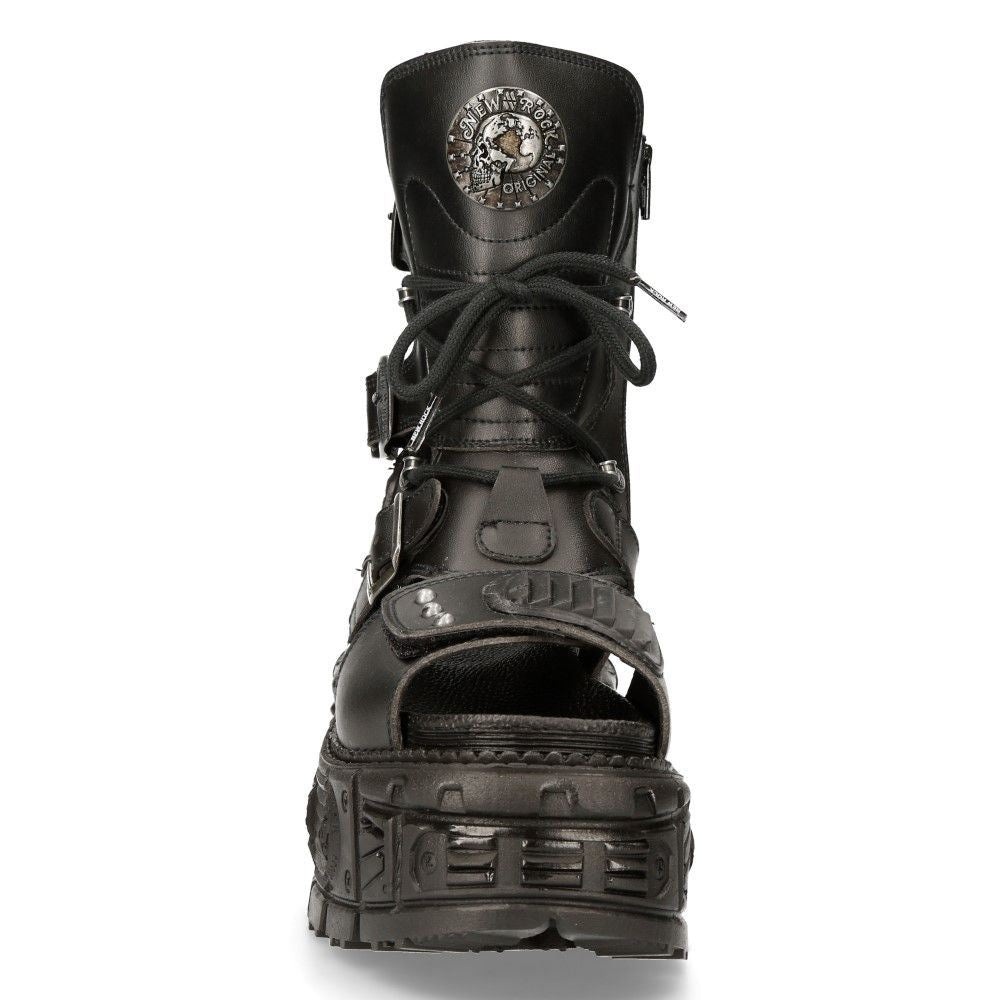 New Rock Unisex Black Vegan Leather Sandal Boots- BIOS107-V1 - Upperclass Fashions 