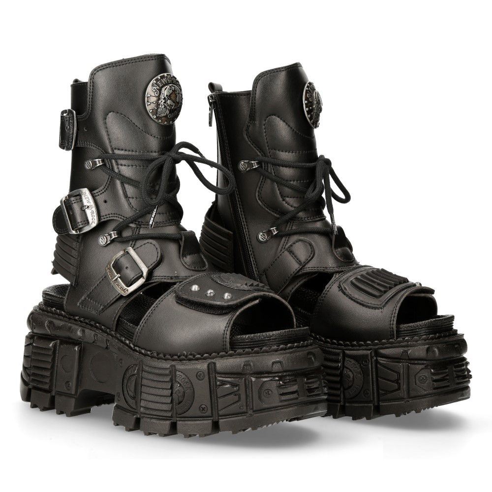 New Rock Unisex Black Vegan Leather Sandal Boots- BIOS107-V1 - Upperclass Fashions 