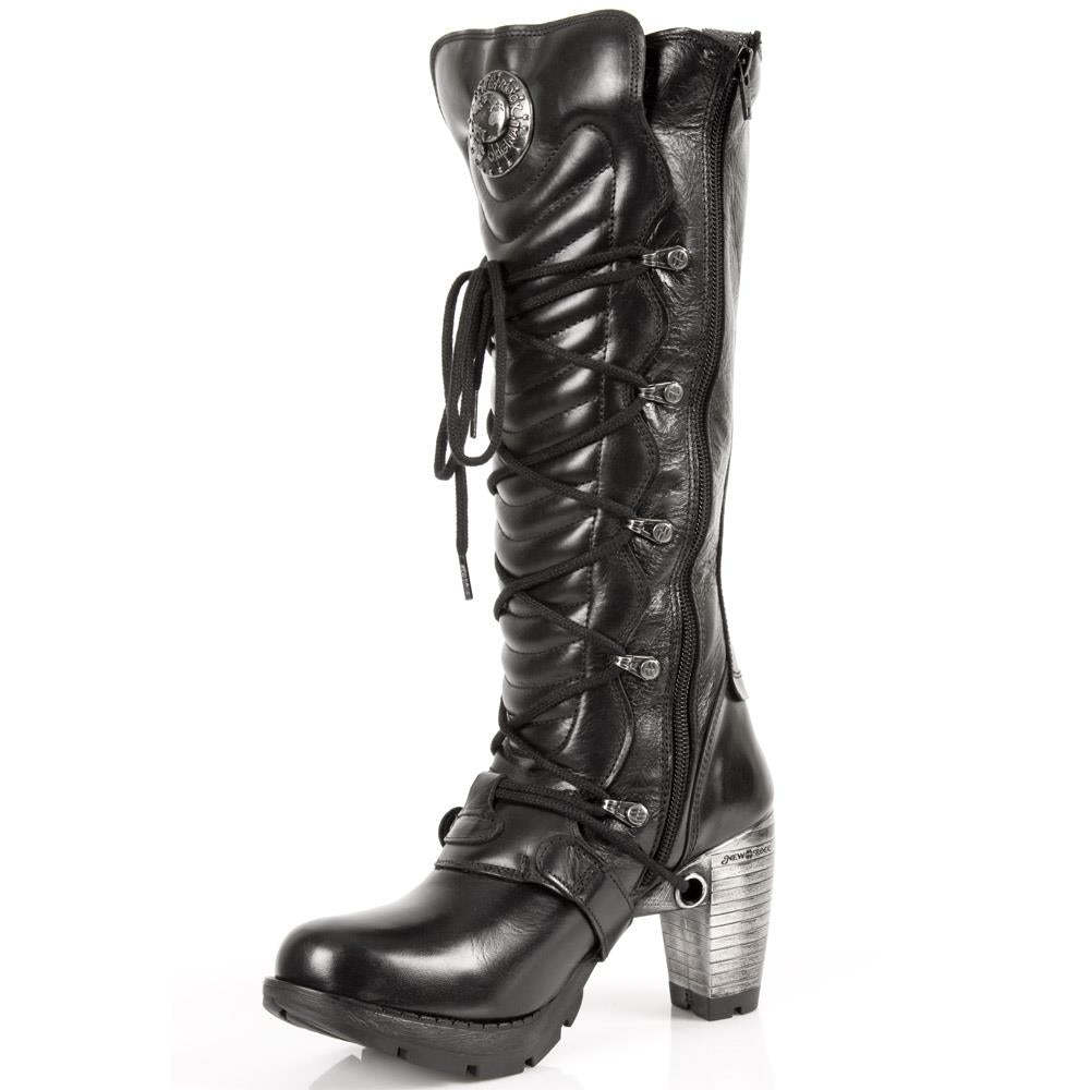 New Rock Ladies Black Buckle Laced Knee-High Boots- TR004-S1