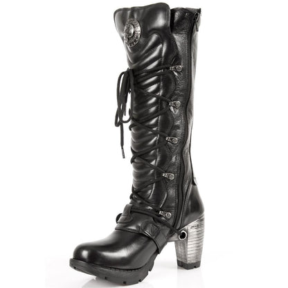 New Rock Ladies Black Buckle Laced Knee-High Boots- TR004-S1