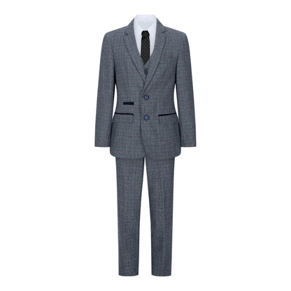 Boys 3 Piece Blue Tweed Check Vintage Retro Suit - Upperclass Fashions 
