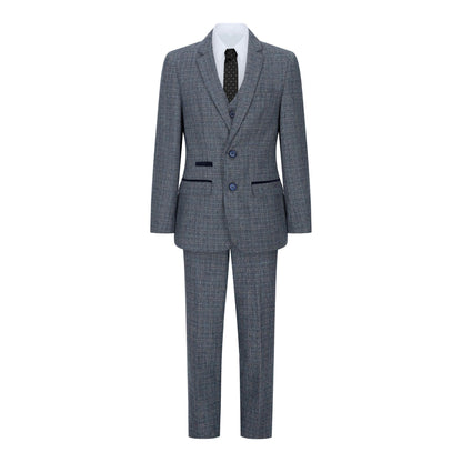 Boys 3 Piece Blue Tweed Check Vintage Retro Suit