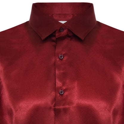 Mens Wine Satin Silk Shirt Smart Casual Button Down Cuff Tailored Fit