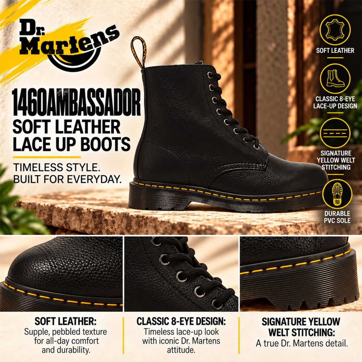 Dr Martens 1460 Ambassador Black Soft Leather Combat Boots -  31981001