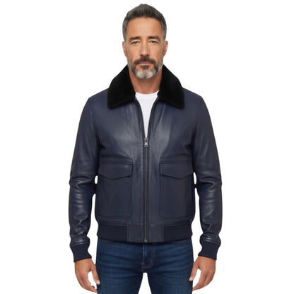 Mens Leather Aviator Bomber Jacket - Lunar