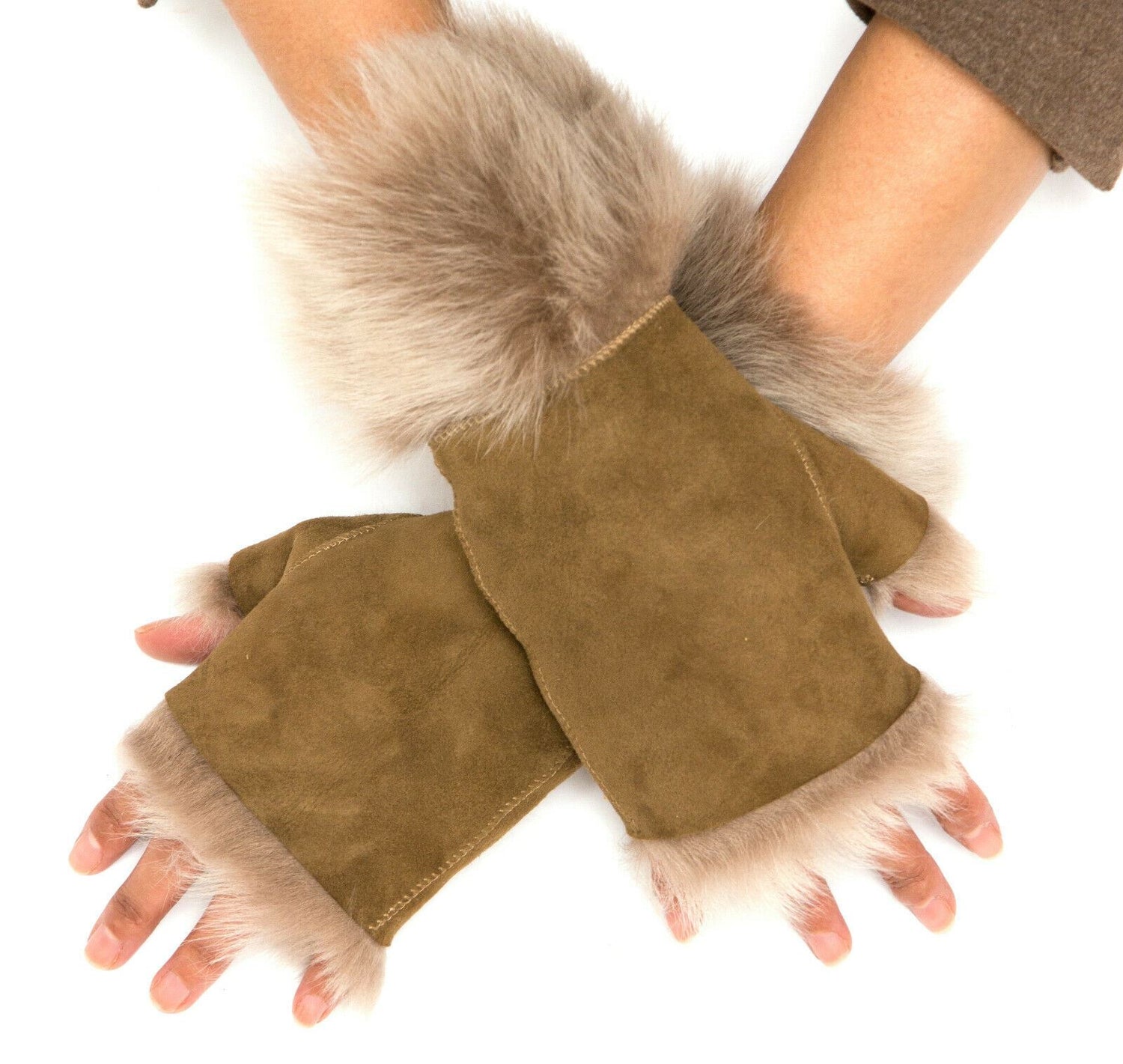 Womens Shearling Mittens Fingerless Cuffs Toscana Suede Sheepskin Fur - Upperclass Fashions 