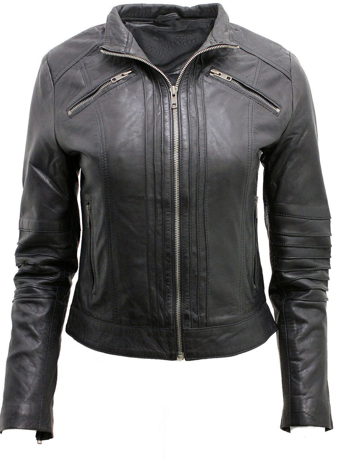 Womens Pleated Design Leather Biker Jacket-Middleham