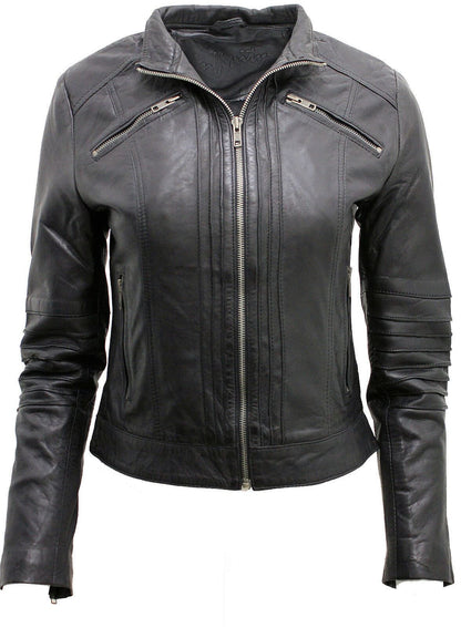 Womens Pleated Design Leather Biker Jacket-Middleham