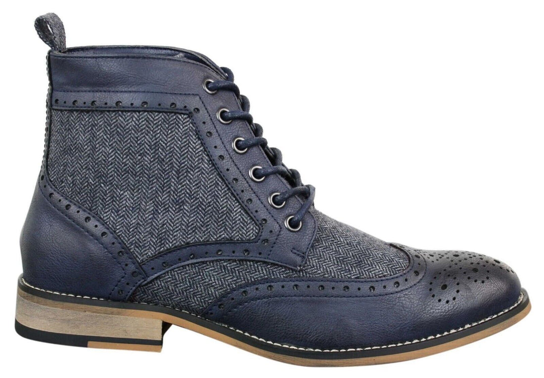 Mens Classic Tweed Oxford Ankle Boots in Navy Leather - Upperclass Fashions 