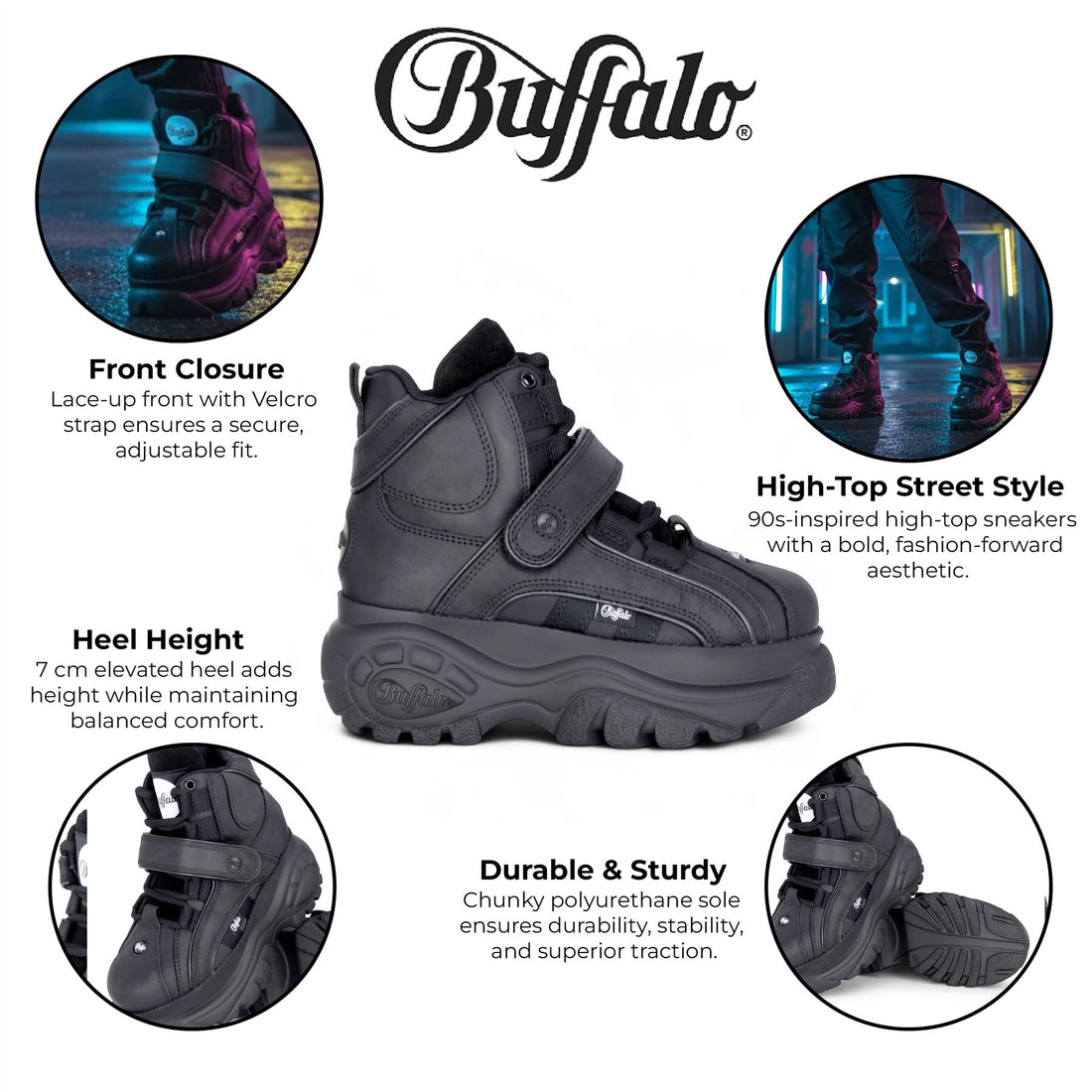 Buffalo Womens Black Leather Chunky Platform High Ankle Boots - 1348-14 2.0