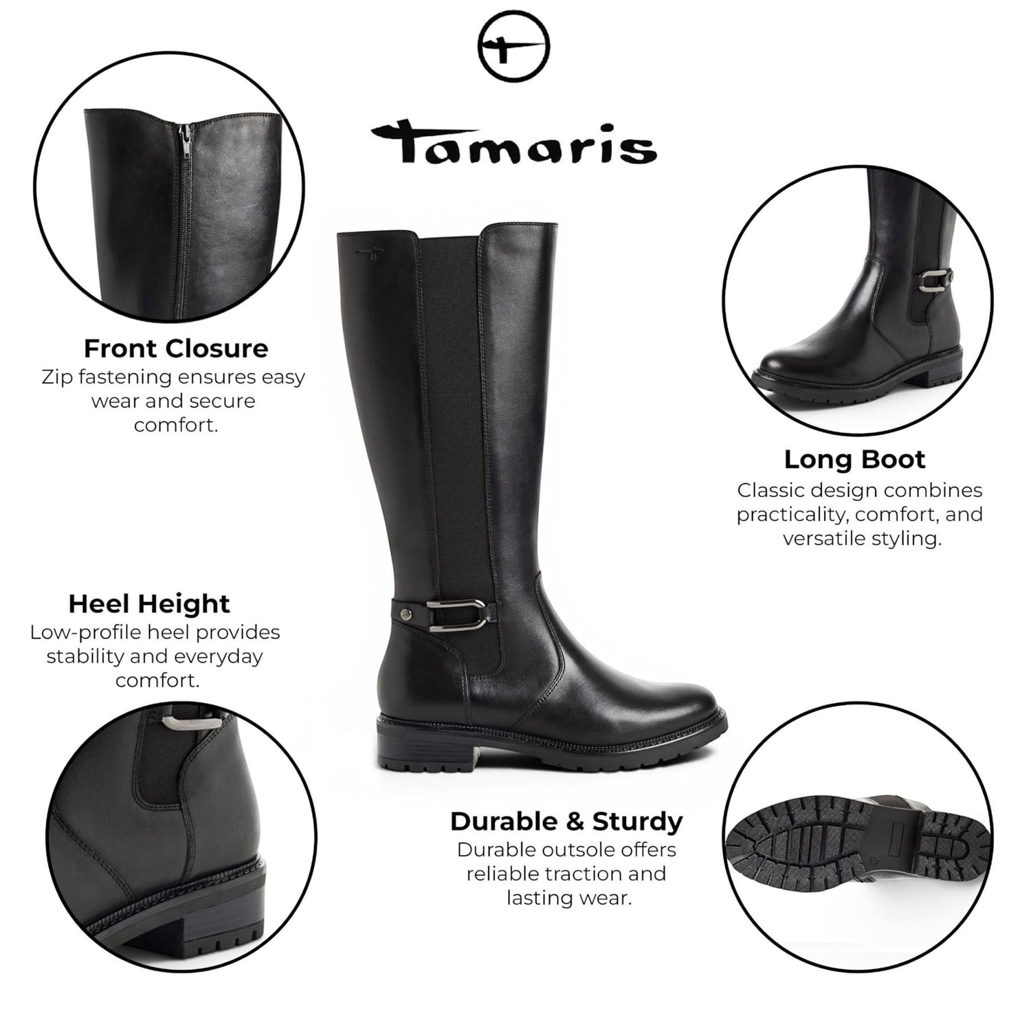 Tamaris Women’s Black Leather Knee High Platform Heel Long Boots - 25609-47