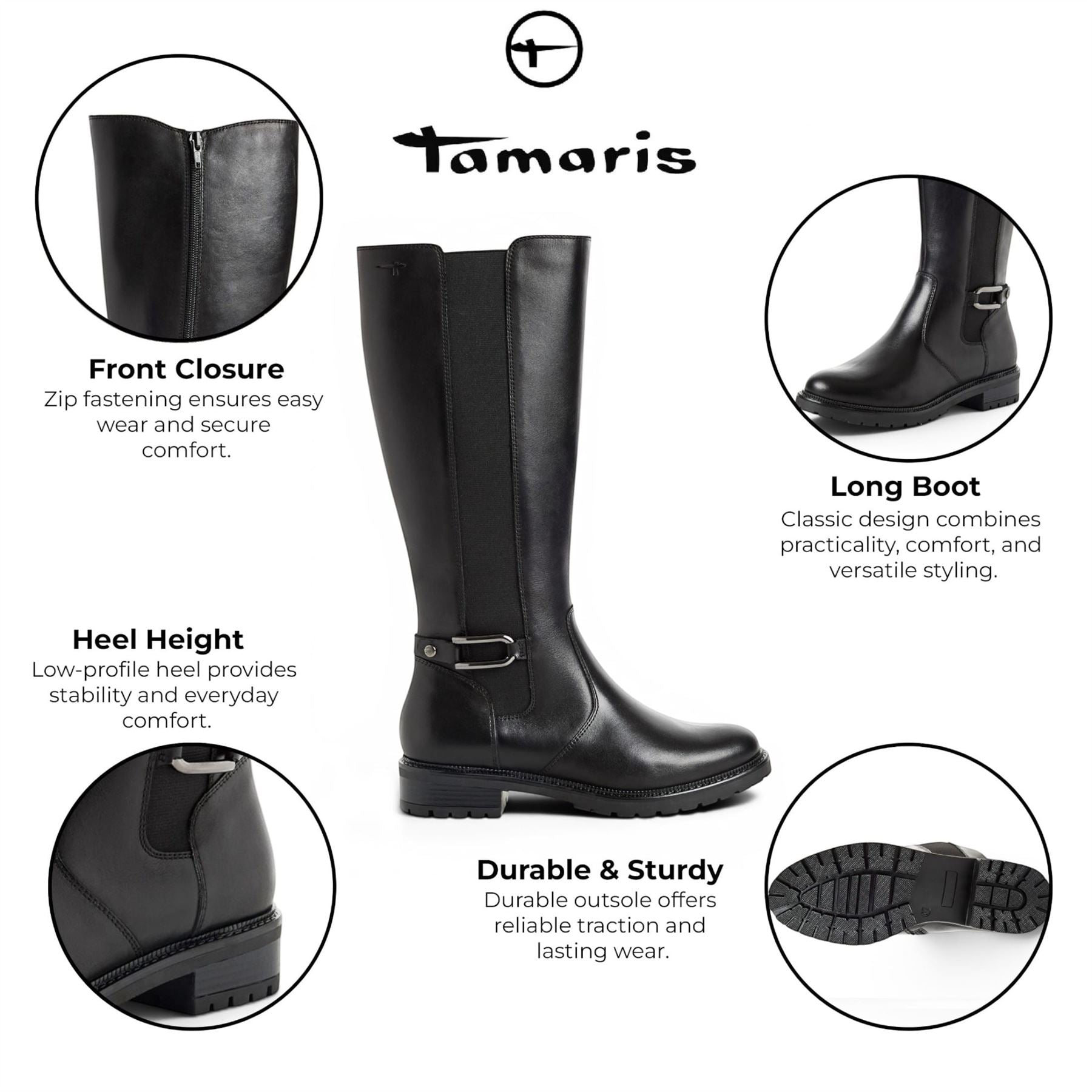 Tamaris Women’s Black Leather Knee High Platform Heel Long Boots - 25609-47