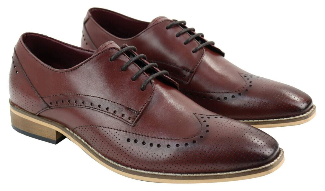 Mens Classic Oxford Brogue Shoes in Perforated Wine Leather - Upperclass Fashions 