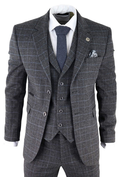 Mens Grey Check 3 Piece Tweed Suit Peaky Blinders 1920s Gatsby Tailored Fit