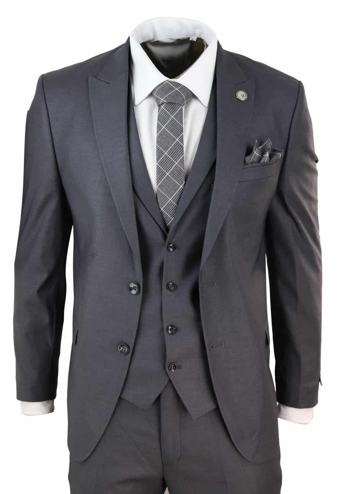 New Mens 3 Piece Suit Plain charcoal Classic Tailored Fit Smart Casual 1920s Formal