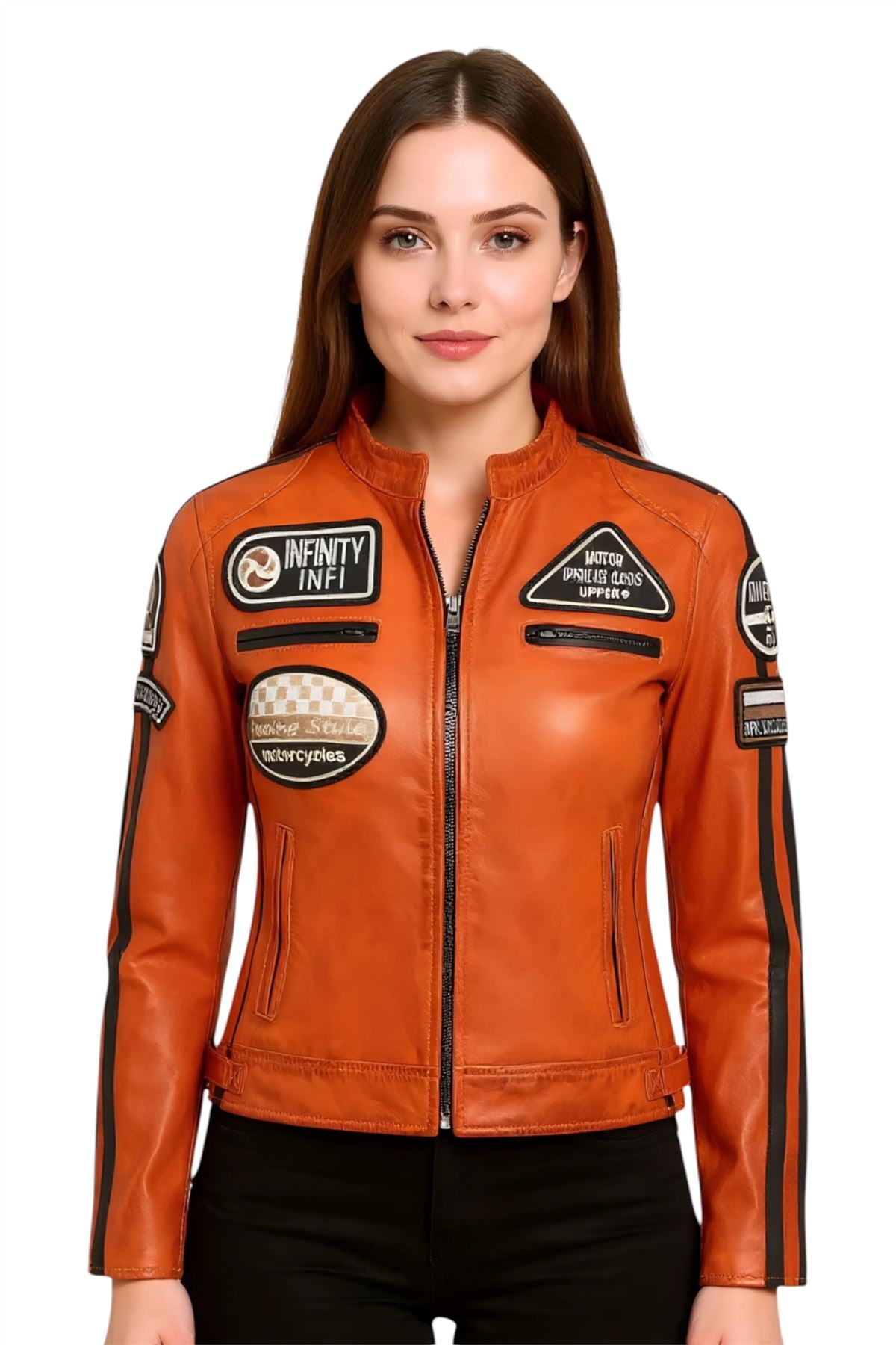 Womens Biker Racing Badges Leather Jacket-Eastleigh