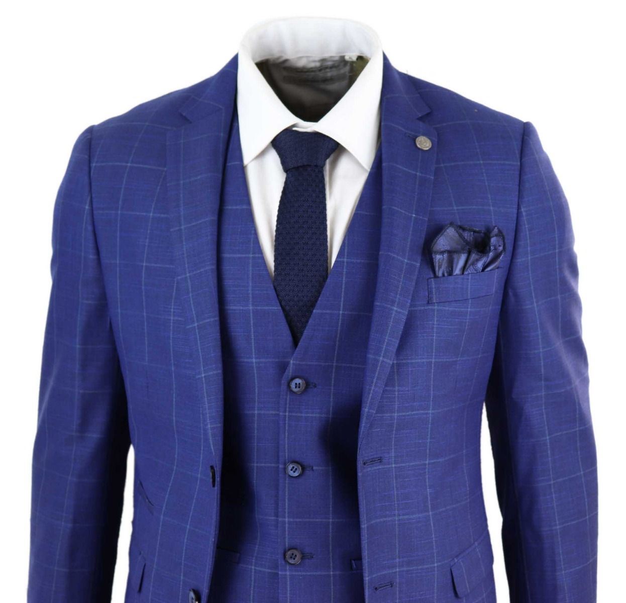 Mens 3 Piece Royal Blue Check Vintage Retro Suit - Upperclass Fashions 