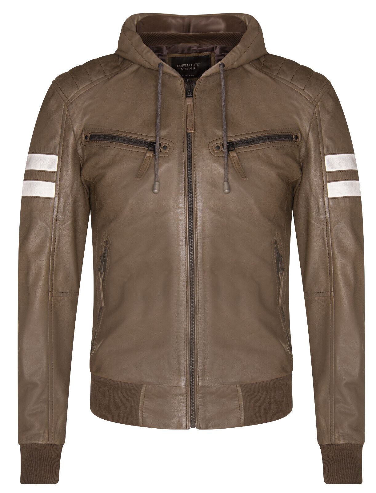 Mens Leather Hooded Bomber Jacket - Cromer
