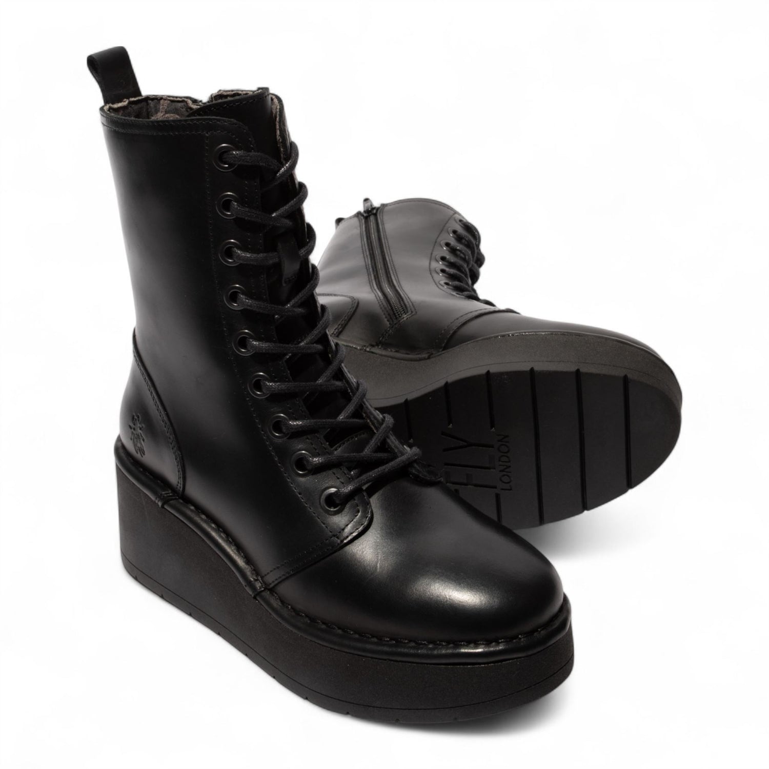 Fly London Womens Black HAIT273 Leather Lace-up Chunky Platform Ankle Boots