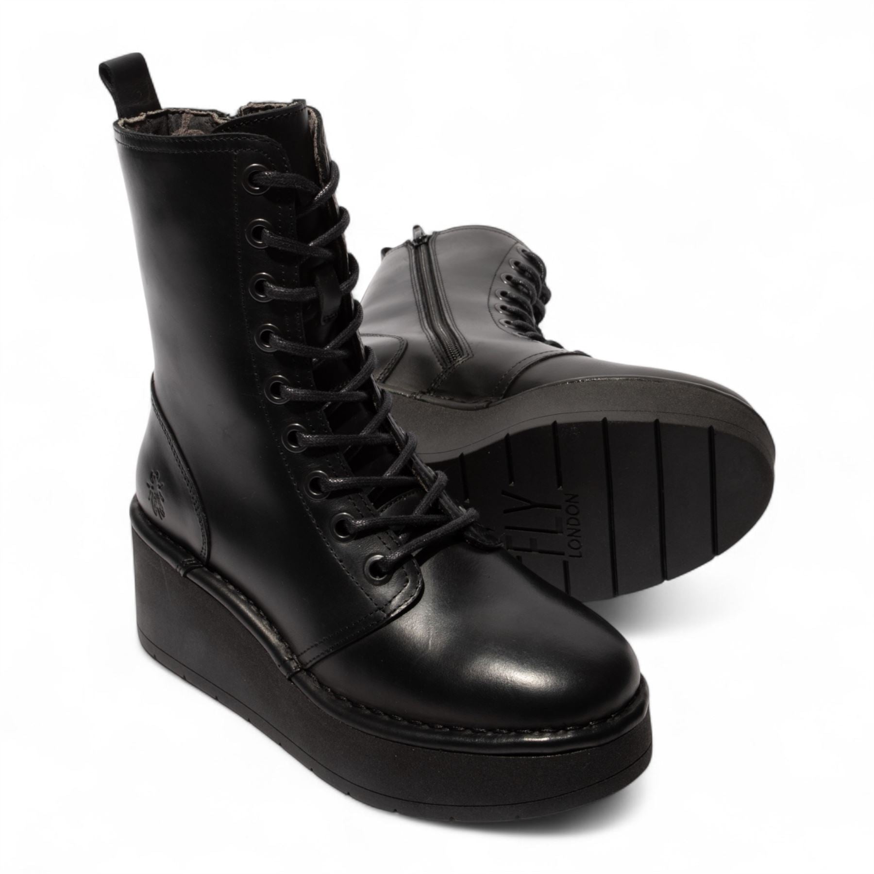 Fly London Womens Black HAIT273 Leather Lace-up Chunky Platform Ankle Boots