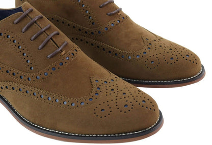 Mens Classic Oxford Brogue Shoes in Tan/Navy Suede - Upperclass Fashions 
