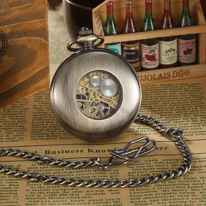 Vintage Bronze Wooden Skeleton Half Hunter Alloy Pocket Watch