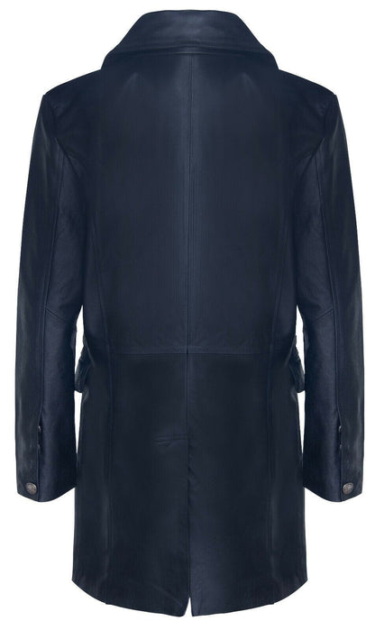 Mens Long Black Cowhide Leather Peacoat-Ellesmere