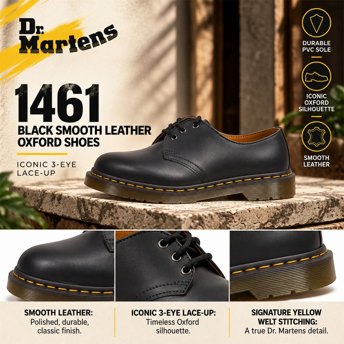 Dr Martens 1461 Black Nappa Leather 3-Eye Oxford Shoes - 11838001