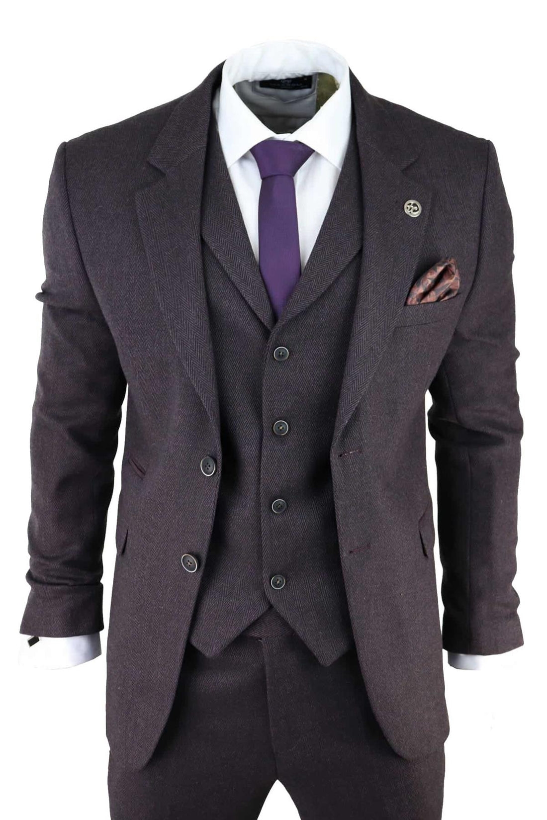 Mens Purple Plum 3 Piece Tweed Herringbone Suit Peaky Blinders Classic Tailored