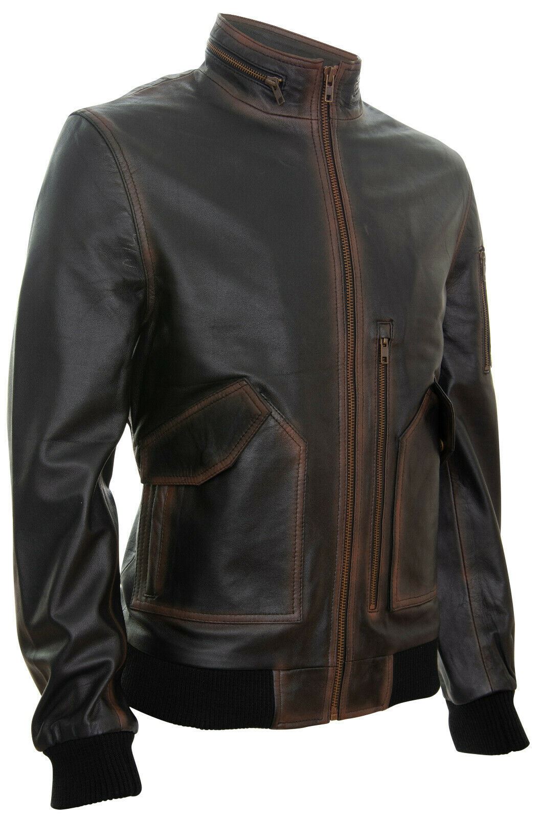 Mens Zipped Leather Bomber Biker Jacket-Barnet
