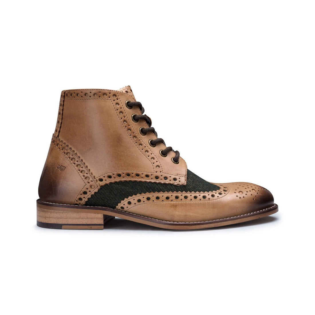 Mens Classic Oxford Tan Leather Gatsby Brogue Ankle Boots with Green Tweed - Upperclass Fashions 