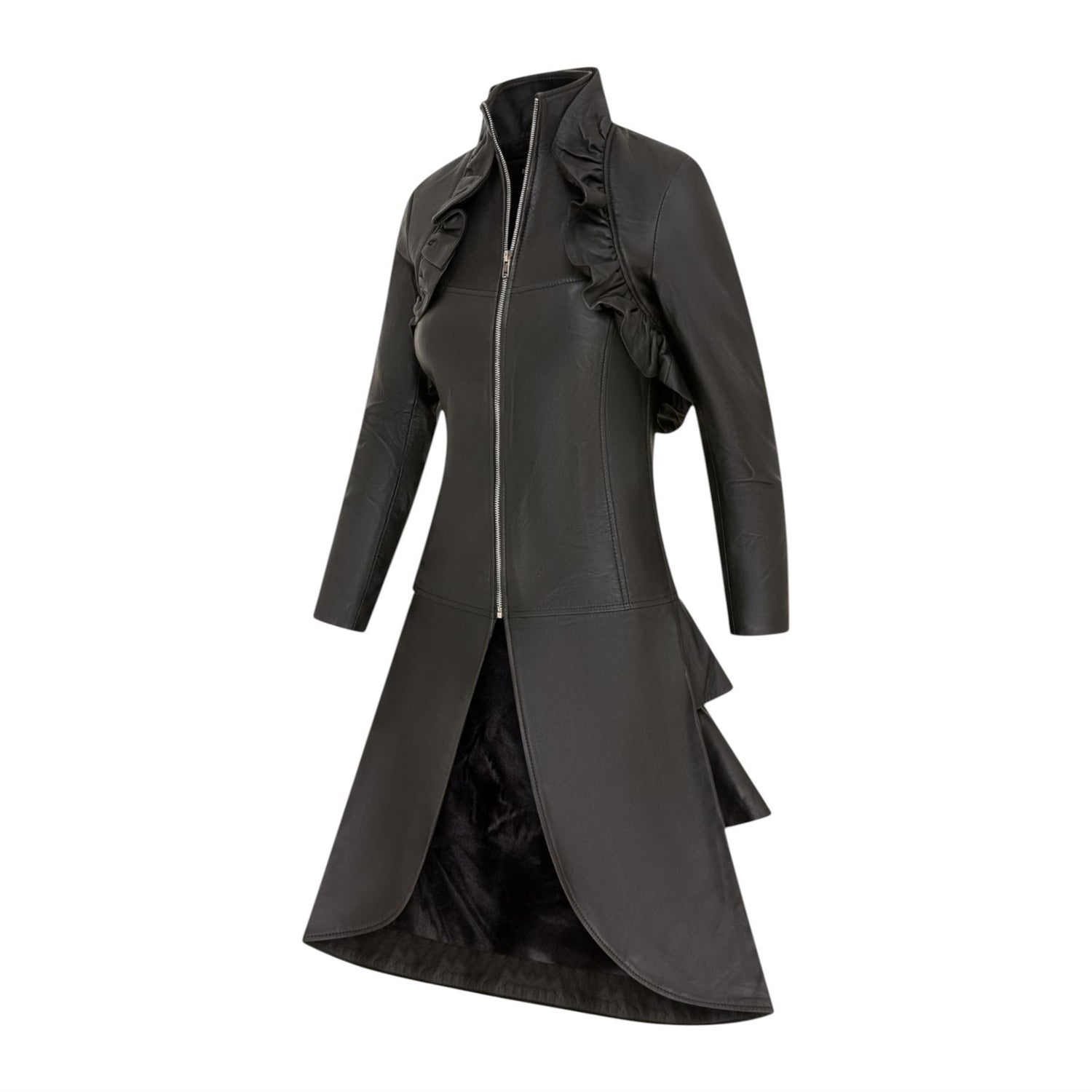 Womens Goth Leather High Collar Victorian Flare Tailcoat - Challa