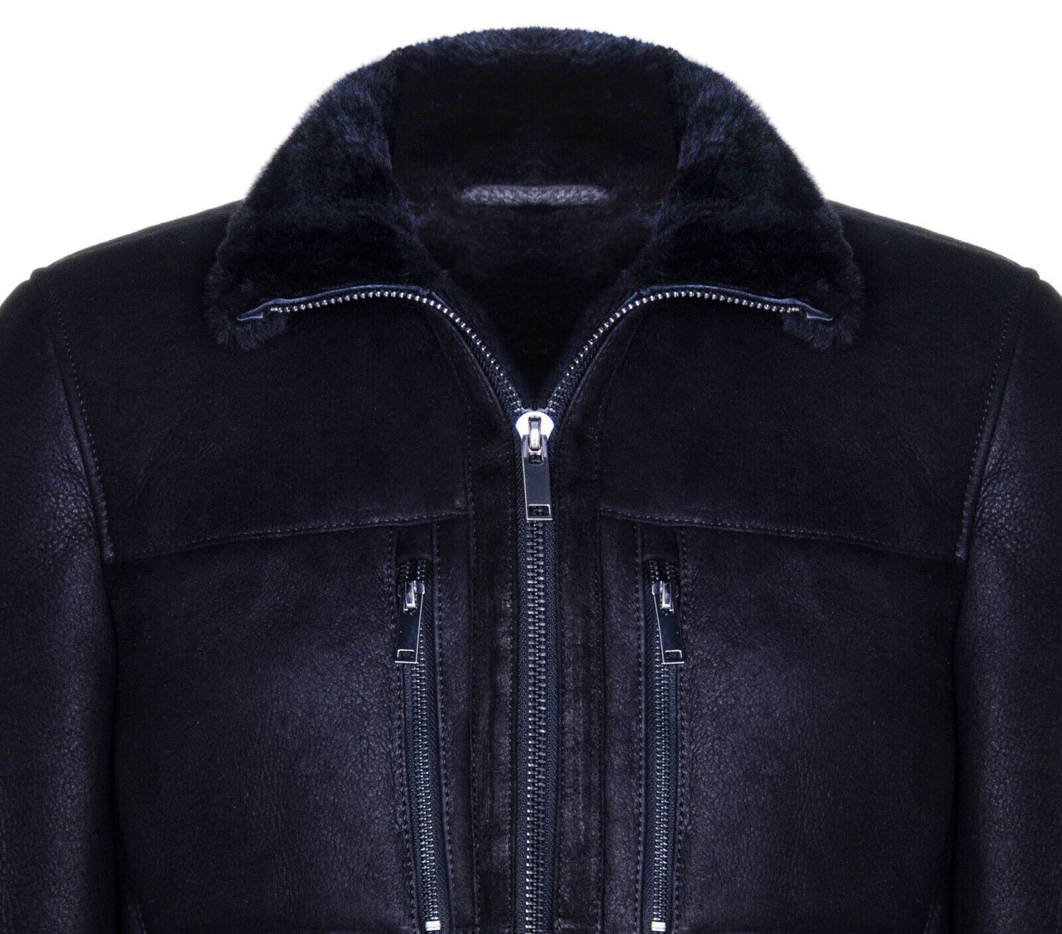 Mens Black Sheepskin Biker Bomber Jacket-Hungerford