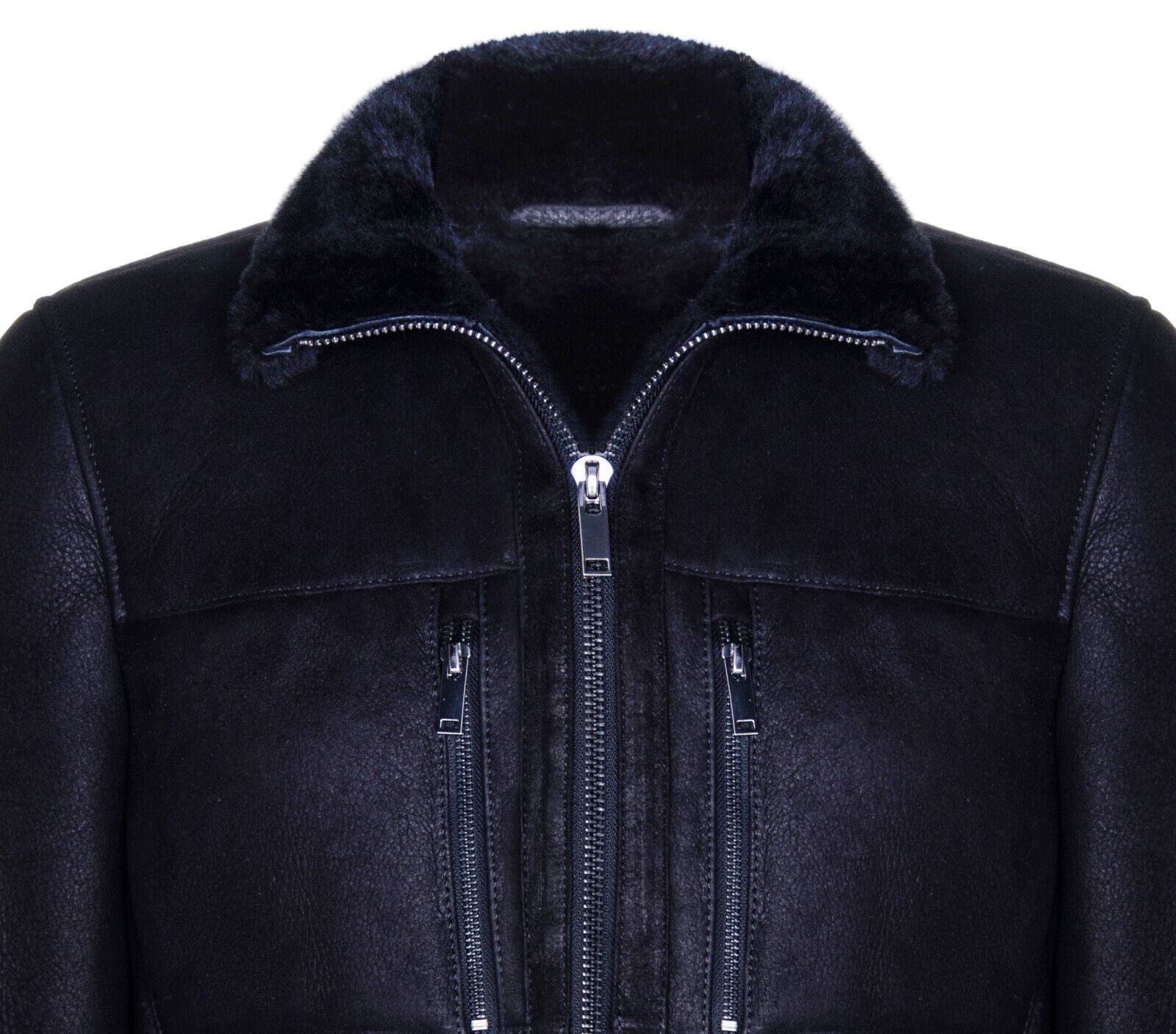 Mens Black Sheepskin Biker Bomber Jacket-Hungerford
