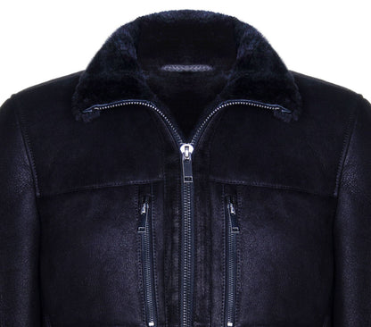 Mens Black Sheepskin Biker Bomber Jacket-Hungerford