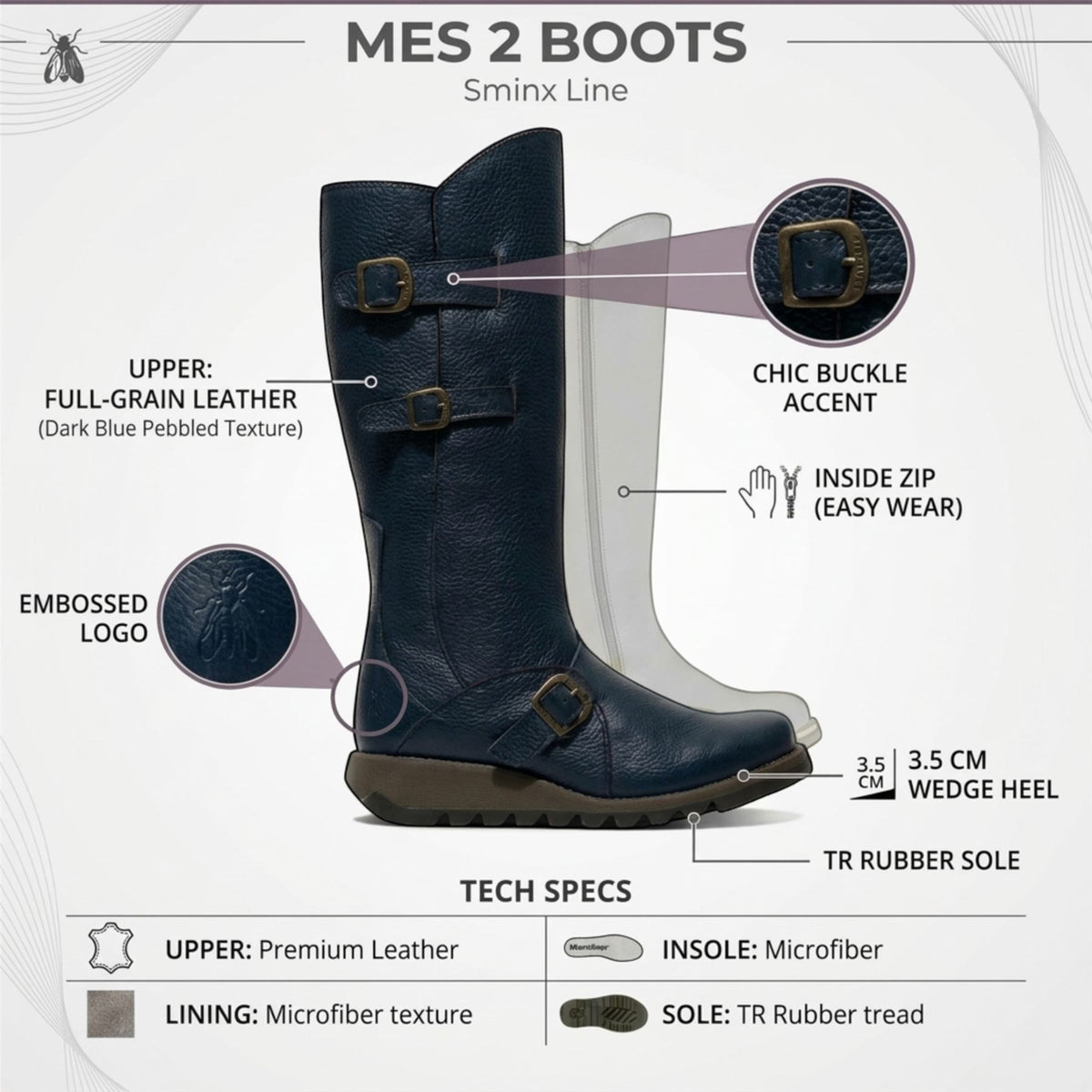 Fly London Womens Navy Blue Leather Mid-Calf Long Boots - MES2913