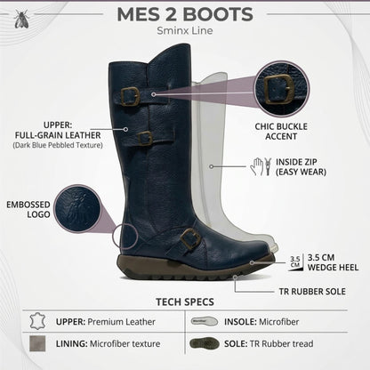 Fly London Womens Navy Blue Leather Mid-Calf Long Boots - MES2913