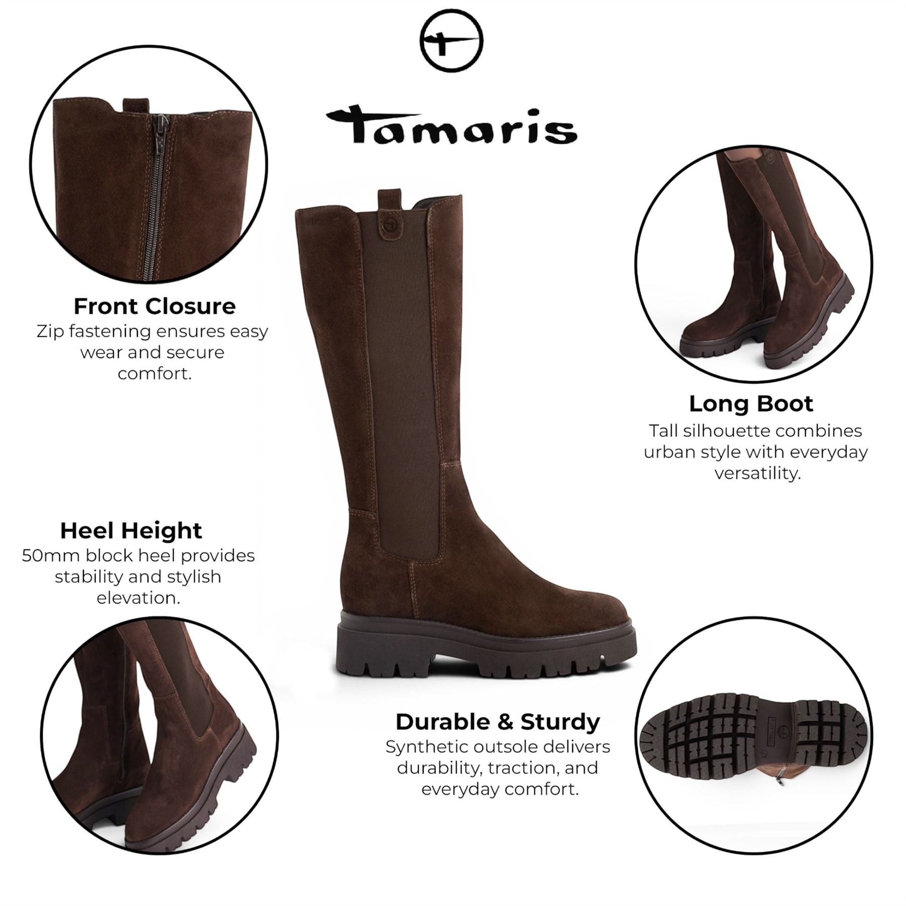 Tamaris Women’s Brown Leather Knee High Platform Heel Long Boots - 25608-41