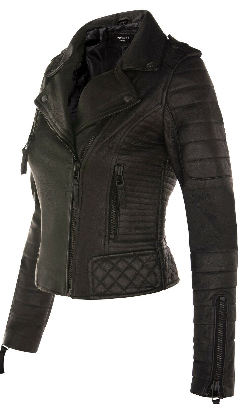 Womens Quilted Brando Leather Biker Jacket-Loftus