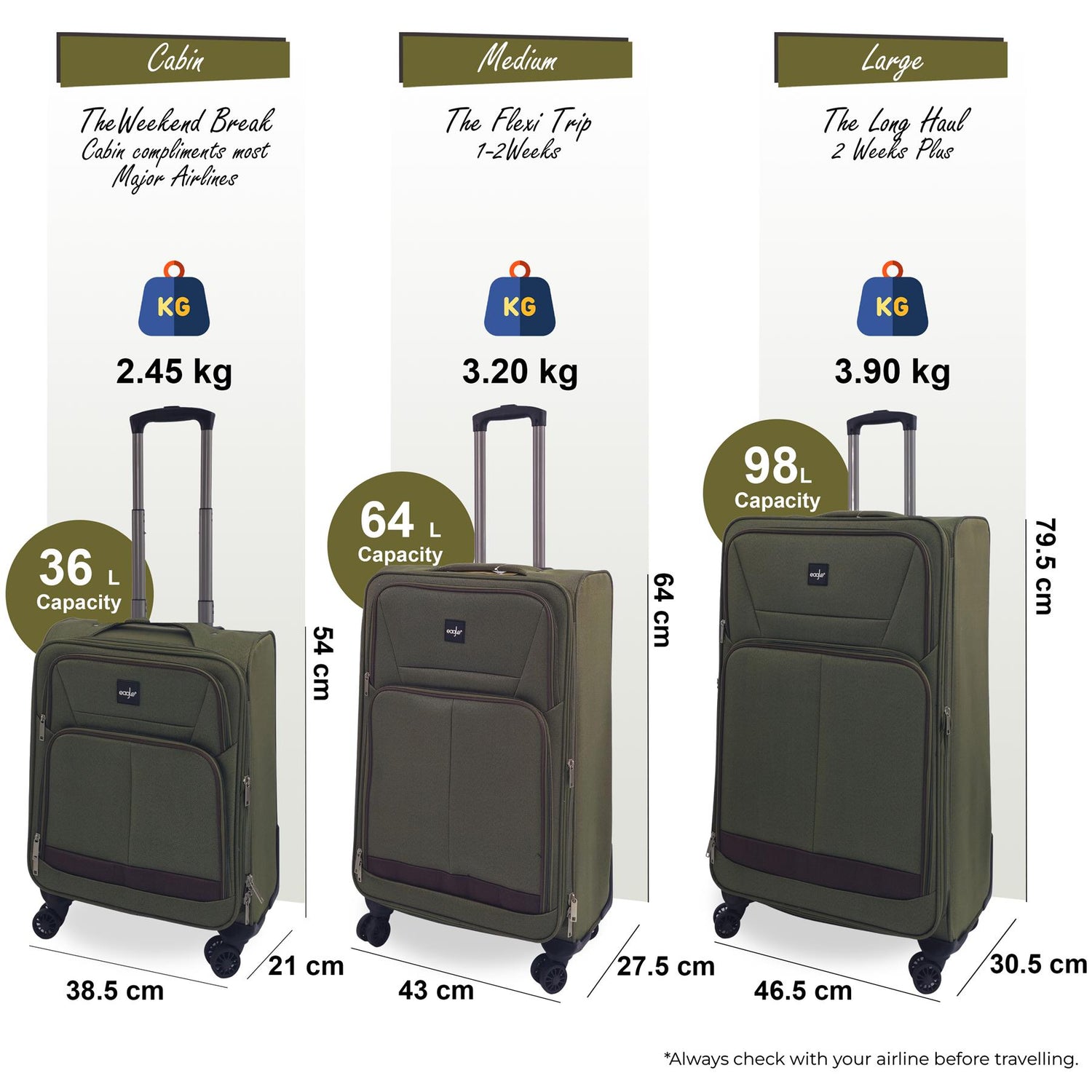 Ashford Set of 3 Soft Shell Suitcase in Khaki