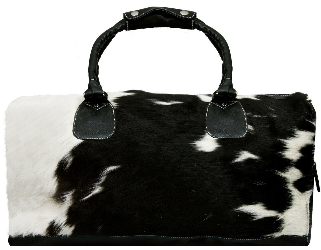 Deluxe Leather Holdall  Bag Genuine Cowhide &amp; Cow Fur Weekend Duffel Travel