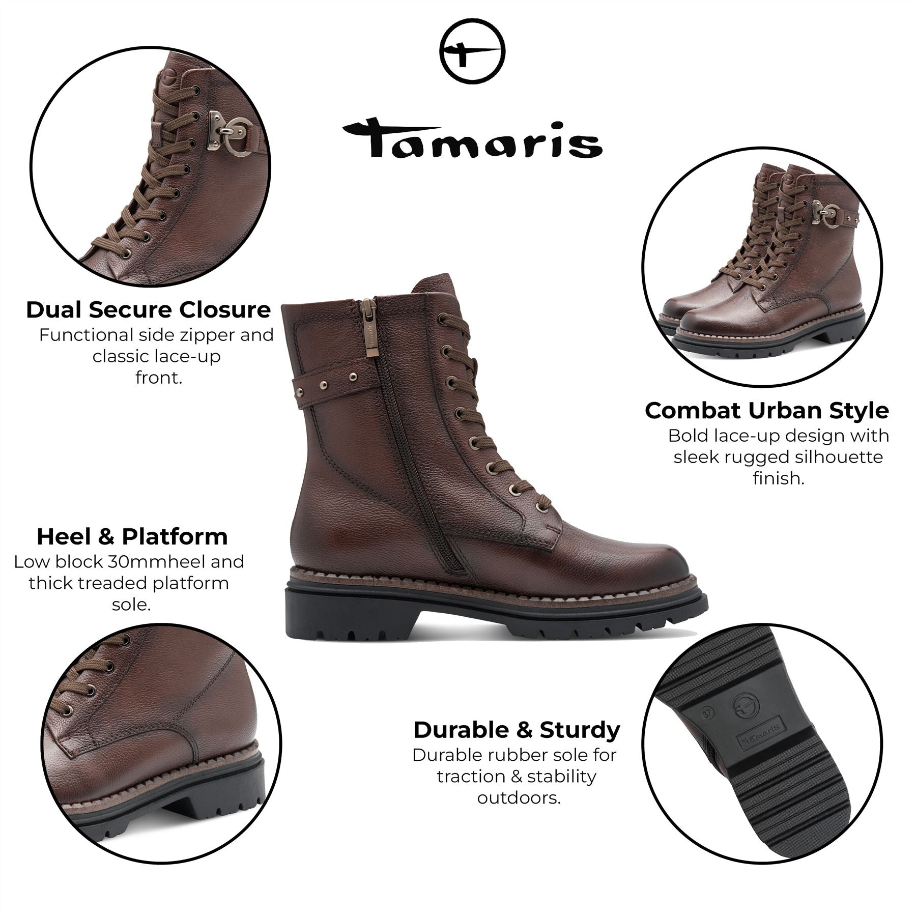 Tamaris Womens Fashion Brown Leather Lace-Up Zip Combat Ankle Boots