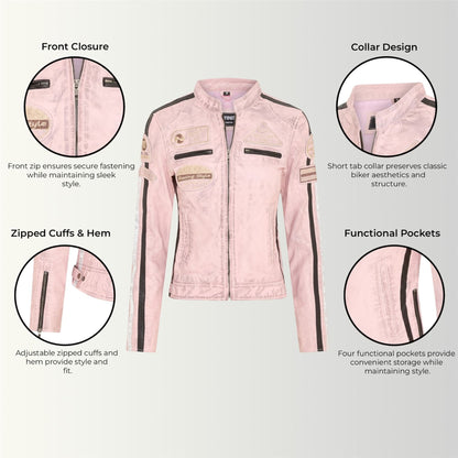 Womens Biker Racing Badges Leather Jacket-Eastleigh