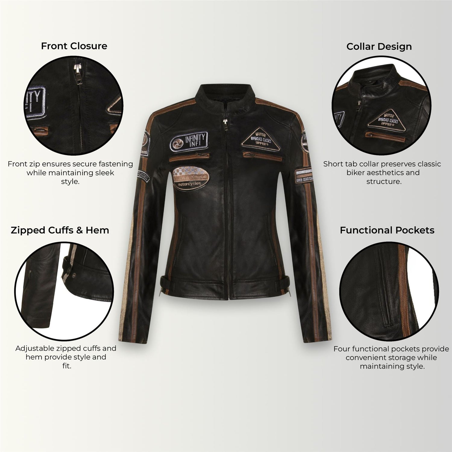 Womens Biker Racing Badges Leather Jacket-Eastleigh