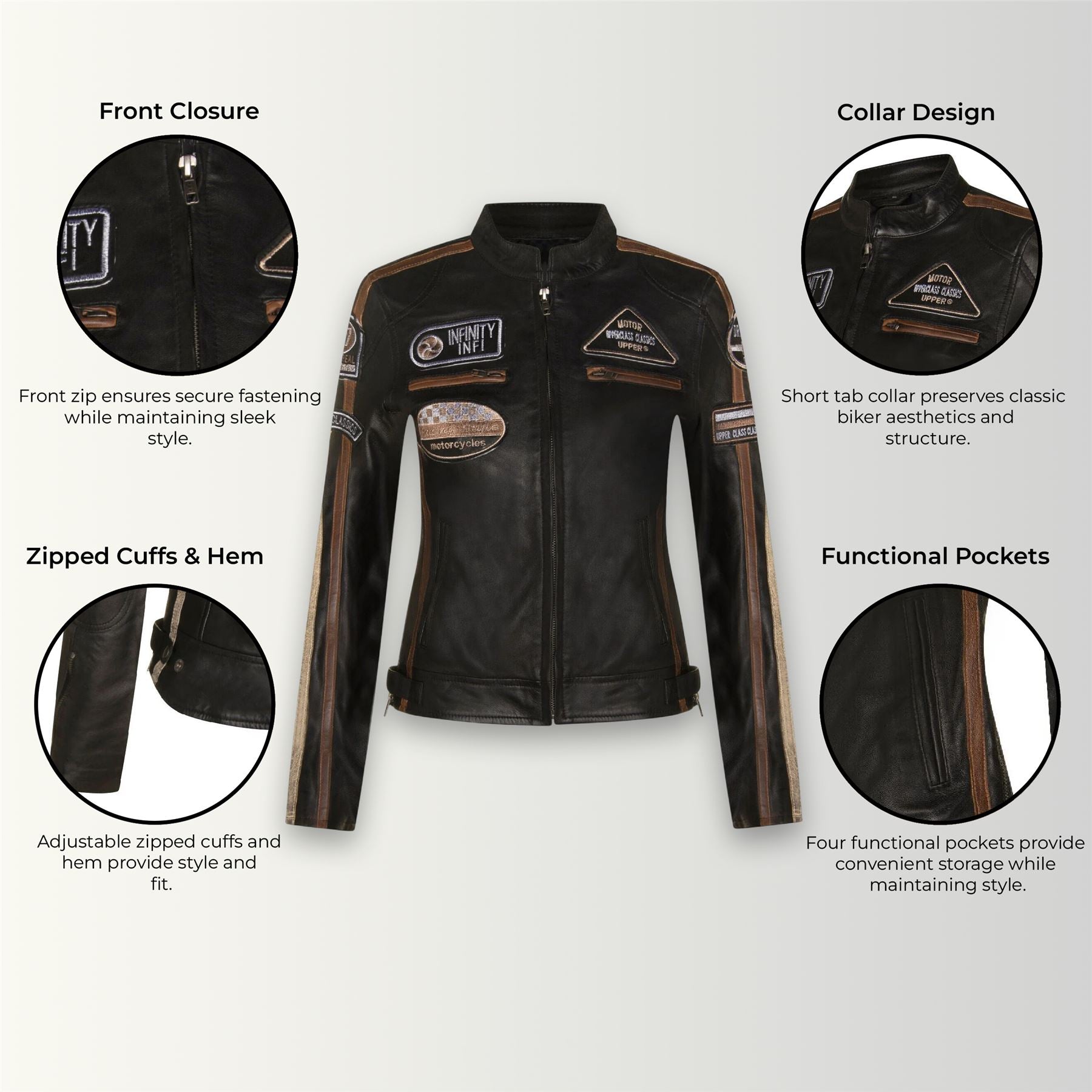 Womens Biker Racing Badges Leather Jacket-Eastleigh