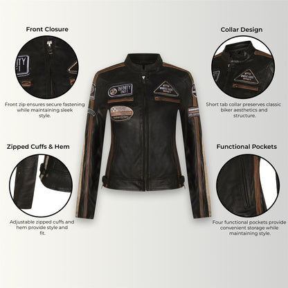 Womens Biker Racing Badges Leather Jacket-Eastleigh