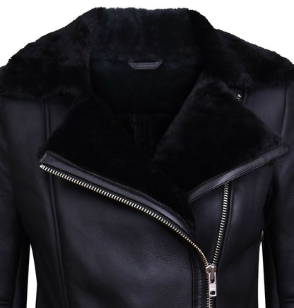 Womens Shearling Sheepskin Black Aviator Jacket-Patchway