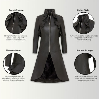 Womens Goth Leather High Collar Victorian Flare Tailcoat - Challa
