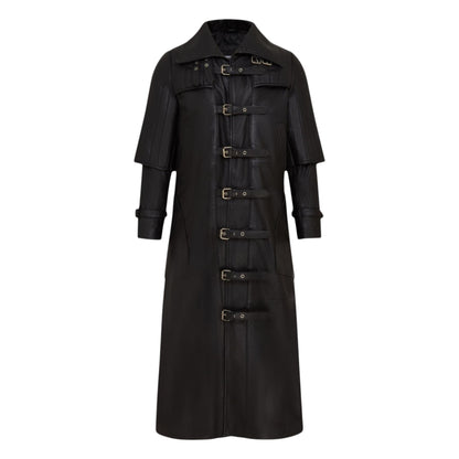 Mens Leather Full Length Buckle Gothic Long Trench Coat - Captain