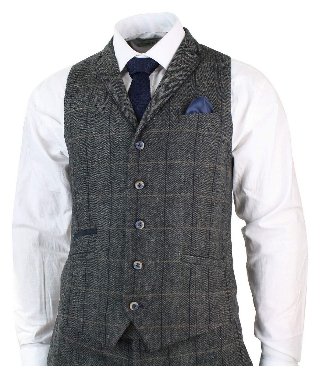 Mens 3 Piece Charcoal Grey Check Tweed Herringbone Vintage Classic Suit - Upperclass Fashions 